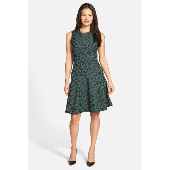 PINK TARTAN Alvina Green Black Camo Jacquard Silk Trim Fit & Flare Dress, Size 8 - Picture 1 of 13